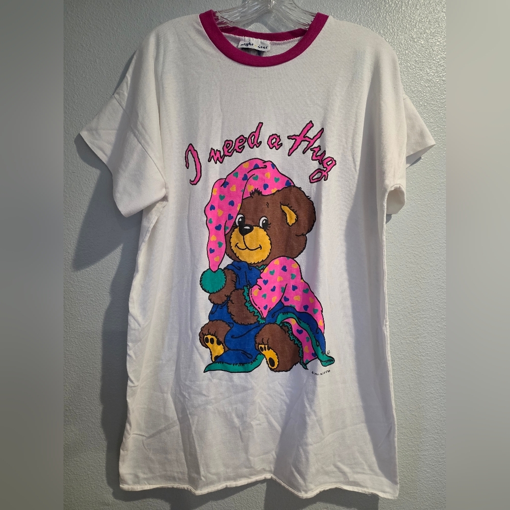 Vintage Night Star 90's Womens Nightshirt White L/XL "I Need A Hug"